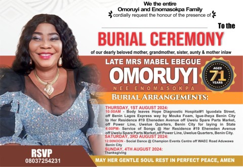 LATE MRS MABEL EBEGUE OMORUYI BURIAL ANNOUNCEMENT