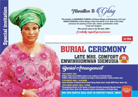 LATE MRS. COMFORT EMWINHIOMWAN IDEMUDIA BURIAL ANNOUNCEMENT